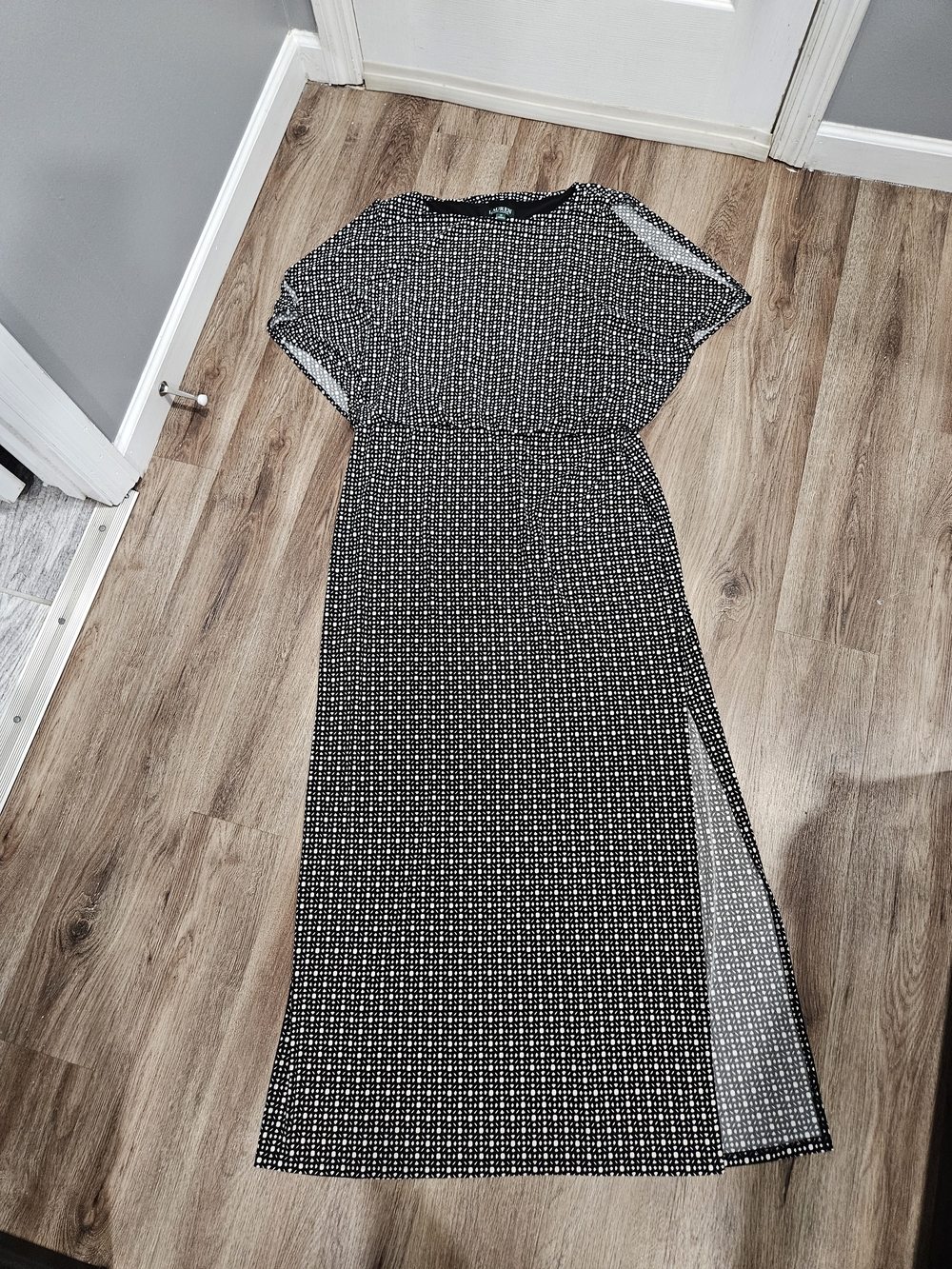 Lauren Ralph Lauren Black and White Dotted Maxi Dress with Side Slit